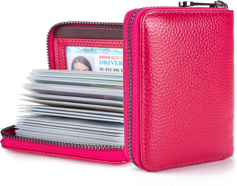 Suweibuke Genuine Leather Credit Card Holder Zipper Wallet RFID Blocking Secure Card Case ID Case Organizer (Rose Red) - Image 1